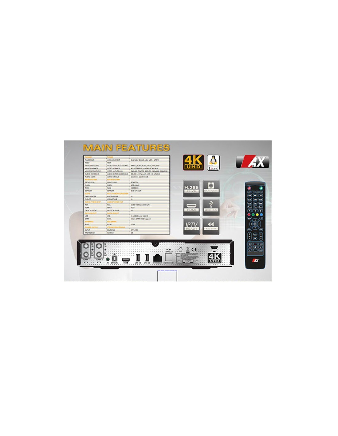 Receptor AX 4K-Box HD51 UHD 2160p E2 Linux con 1 x Sintonizador Sat grabación DVB-S2 Mediante USB o Disco Duro con PVR 
