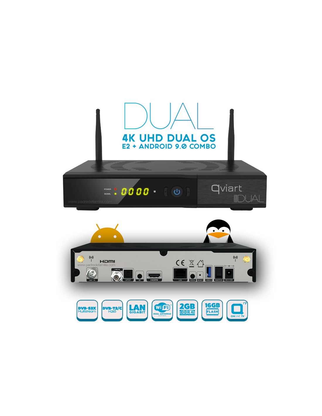 Receptor SAT 4K (DVB-S2X) + TDT (T2/C), H265, 1 Lector tarjetas, Wifi USB  opcional.