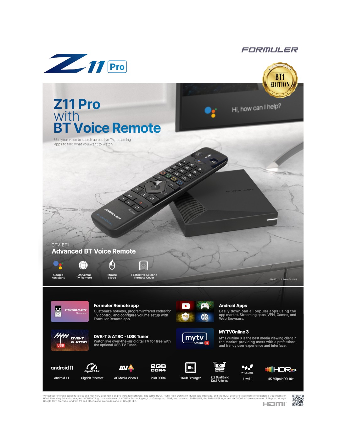 Formuler Z11 Pro BT1 Bluetooth Edition – Android 11 4K UHD TV Box, 16GB, Quad Core, GTV-BT1 Remote, UK Spec