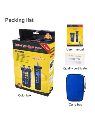 Probador de cable de red y fibra óptica - Tester de cables RJ11, RJ45, PoE y fibra - Contenido de la caja, funda
