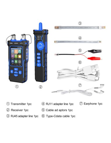 Probador de cable de red y fibra óptica - Tester de cables RJ11, RJ45, PoE y fibra - Accesorios, contenido de la caja