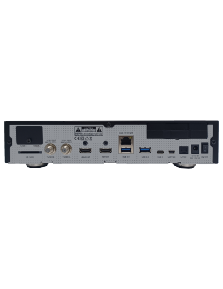 GigaBlue UHD Quad 4K Pro - Tasera, conexiones, tuners, HDMI, USB, LAN, corriente, on/off GigaBlue UHD Quad 4K Pro - Tasera, conexiones, tuners, HDMI, USB, LAN, corriente, on/off