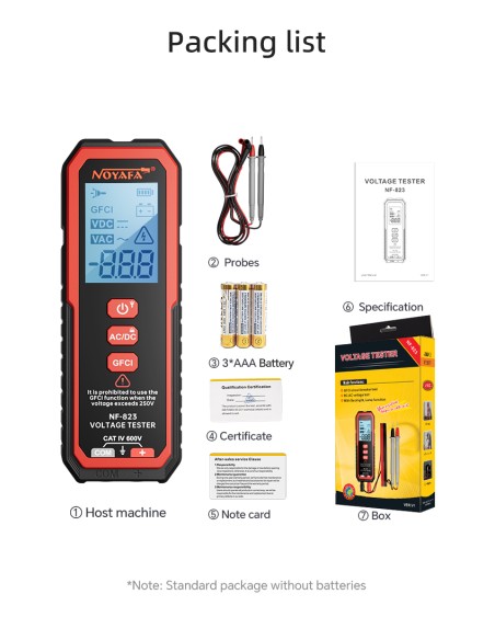 Multímetro Detector CA y CC Noyafa NF823 | Mide AC, DC | Contenido de la caja
