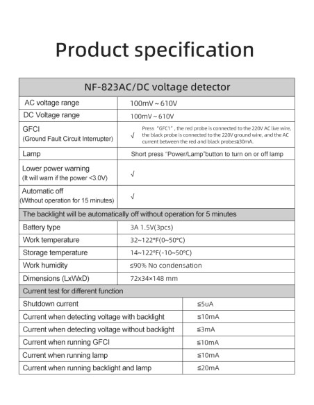 Medidor de Corriente Alterna y Corriente Continua Noyafa NF823 | Probador de voltaje | Mide AC, DC | GFCI | Características