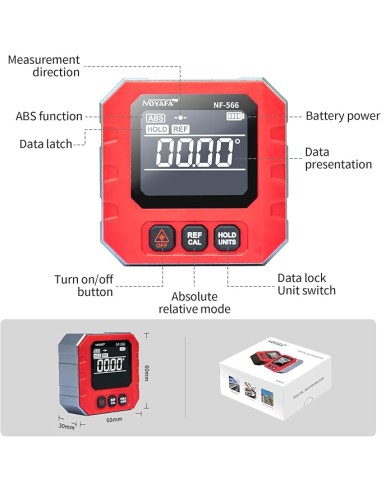 Inclinómetro digital Noyafa NF-566 para medir ángulos y niveles | Medición 360º (4x90º) | Descripción funciones pantalla