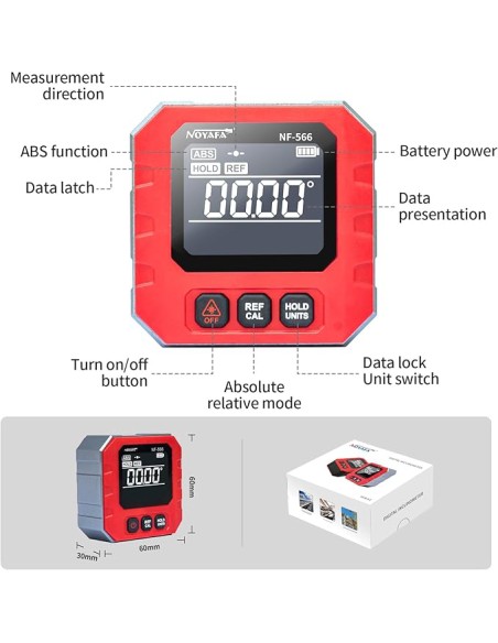 Inclinómetro digital Noyafa NF-566 para medir ángulos y niveles | Medición 360º (4x90º) | Descripción funciones pantalla Inclinómetro digital Noyafa NF-566 para medir ángulos y niveles | Medición 360º (4x90º) | Descripción funciones pantalla
