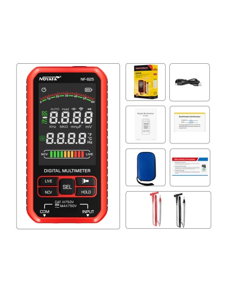 Polímetro digital Noyafa NF625 | Contenido de la caja: cables de pruebas, bolsa portable, cable de carga, garantía Polímetro digital Noyafa NF625 | Contenido de la caja: cables de pruebas, bolsa portable, cable de carga, garantía
