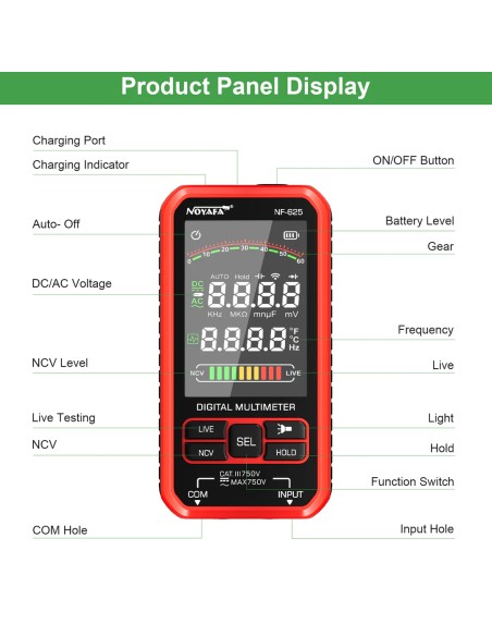 Multímetro digital Noyafa NF625 | Leyenda de las funciones de la pantalla y de los botones Multímetro digital Noyafa NF625 | Leyenda de las funciones de la pantalla y de los botones