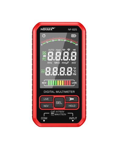 Polímetro digital Noyafa NF625 | Pantalla display visualización, botones, carcasa, lateral. Live, NCV, SEL, HOLD, Linterna