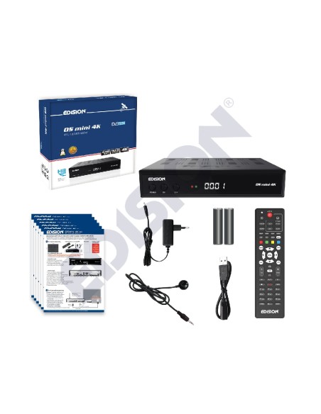 Edision OS mini 4K | Contenido de la caja: Os mini 4k, manual, fuente alimentación, mando, pilas, ext. IR, ext. USB Edision OS mini 4K | Contenido de la caja: Os mini 4k, manual, fuente alimentación, mando, pilas, ext. IR, ext. USB