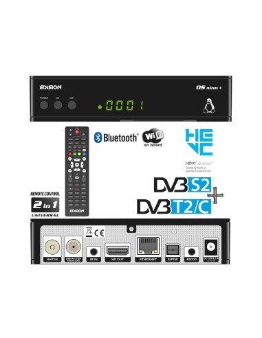 Edision OS nino + | Receptor HD Linux E2 | Frontal, mando, trasera versión Combo DVB-S2 + DVB-T2/C | Bluetooth, WiFi