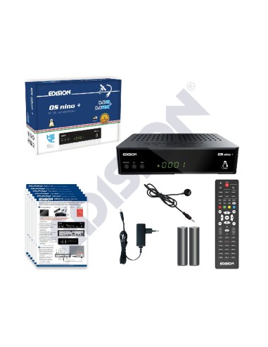 Edision OS nino + HD Linux E2 | Contenido de la caja: OS NINO +, manual, fuente alimentación, mando, pilas, extensor IR