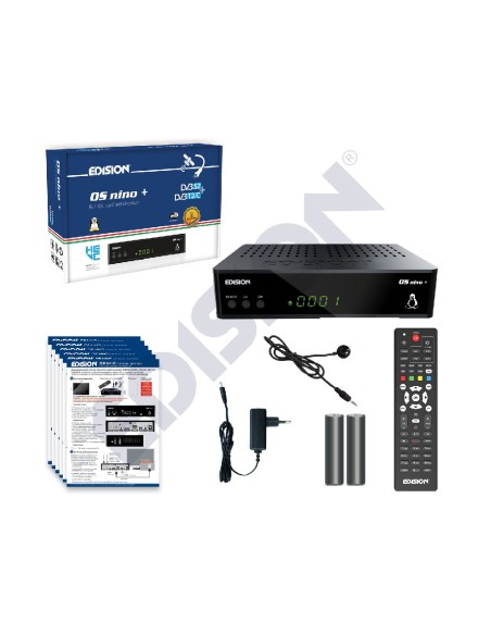 Edision OS nino + HD Linux E2 | Contenido de la caja: OS NINO +, manual, fuente alimentación, mando, pilas, extensor IR