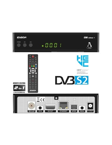 Edision OS nino + | Receptor HD Linux E2 | Frontal, mando, trasera versión Satélite DVB-S2