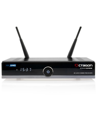 Octagon SF8008 V3 Supreme 4K UHD Combo Receiver - Frontal: Pantalla de 7 segmentos de 4 dígitos, On/Off