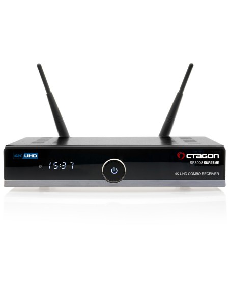 Octagon SF8008 V3 Supreme 4K UHD Combo Receiver - Frontal: Pantalla de 7 segmentos de 4 dígitos, On/Off