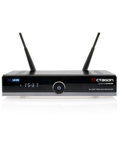 Octagon SF8008 V3 Supreme 4K UHD Twin S2X Receiver - Frontal: Pantalla de 7 segmentos de 4 dígitos, On/Off