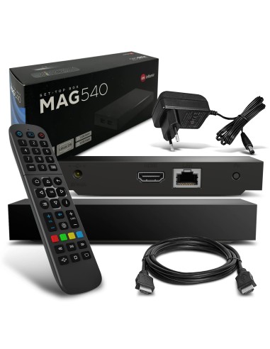 MAG540 Set-Top Box | Receptor IPTV | Caja, receptor y contenido de la caja (mando a distancia, cable HDMI, fuente alimentación)