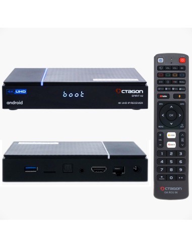 Octagon Spirit V2 Pro Android TV | OTT IPTV Box | Frontal, trasera y  mando a distancia BT con control por voz