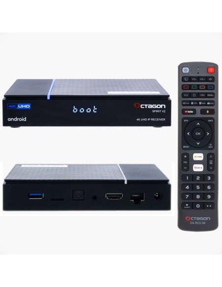 Octagon Spirit V2 Pro Android TV | OTT IPTV Box | Frontal, trasera y  mando a distancia BT con control por voz