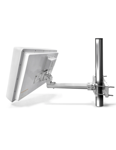 Antena plana Selfsat H22D2+ | Montaje en  mástil redondo con abrazaderas metálicas, y vista trasera con sistema de anclaje