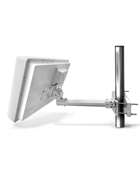 Antena plana Selfsat H22D2+ | Montaje en  mástil redondo con abrazaderas metálicas, y vista trasera con sistema de anclaje