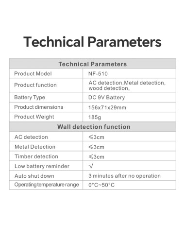 Detector de pared (metal, madera y cables) Noyafa NF-510 | características