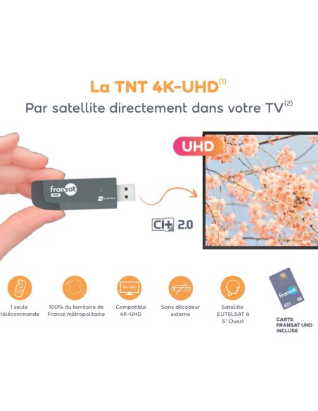Clé TV Fransat UHD: Stick USB directo a la TV | Canales franceses TNT por satélite vía Eutelsat 5ºO