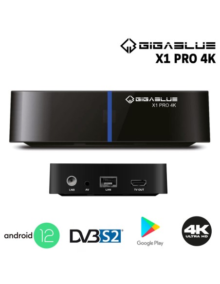Gigablue X1 Pro 4K – Decodificador satélite & TV Box Android 12 para IPTV/OTT y reproductor multimedia | Frontal