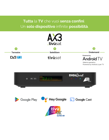 Digiquest AX3 Tivusat 4K Ultra UHD + Tarjeta incluida | Decodificador Oficial con Android TV y sintonizador de TDT