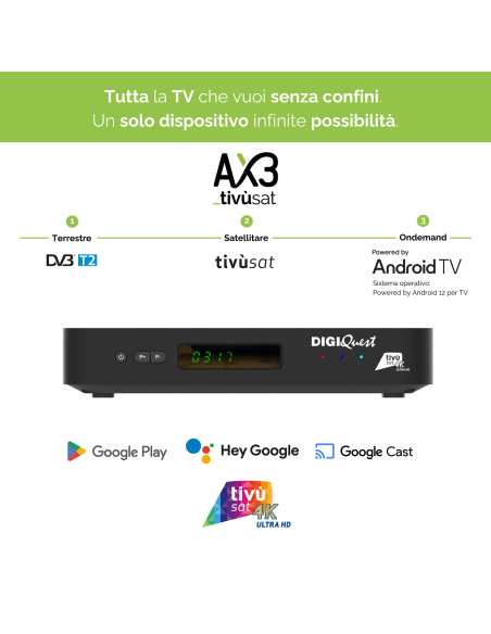 Digiquest AX3 Tivusat 4K Ultra UHD + Tarjeta incluida | Decodificador Oficial con Android TV y sintonizador de TDT