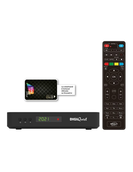Tivùsat 4K Ultra HD: Decodificador certificado DigiQuest Q99 y mando a distancia. Tarjeta 4k negra Merlin