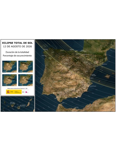 Gafas eclipse de Sol 12 de agosto de 2026 | Mapa IGN con duración de la totalidad y porcentaje de oscurecimiento en España