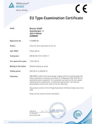 Gafas eclipse solar Bresser Homologadas -Certificación DIN EN ISO 12312-2:2015-11