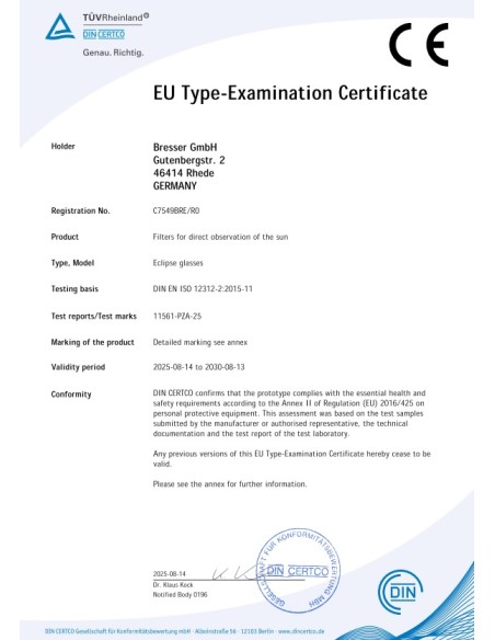 Gafas eclipse solar Bresser Homologadas -Certificación DIN EN ISO 12312-2:2015-11