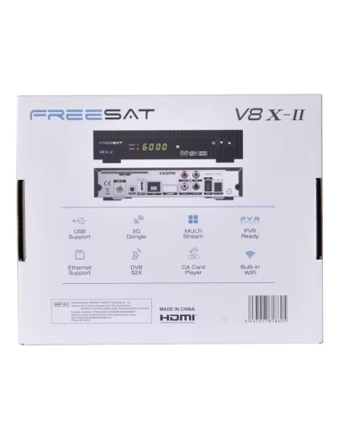 Freesat V8X-2 - Trasera caja, características del Receptor satélite Full HD DVB-S2X con WiFi integrado
