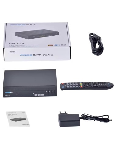 Freesat V8X 2 - Contenido: Decodificador satélite, cable HDMI, mando a distancia, fuente/transformador, guía inicio