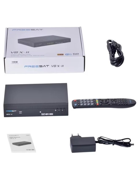 Freesat V8X 2 - Contenido: Decodificador satélite, cable HDMI, mando a distancia, fuente/transformador, guía inicio