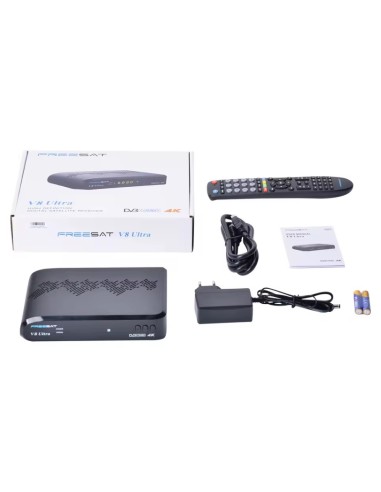 Freesat V8 Ultra | Accesorios, contenido: Decodificador, cable HDMI, mando a distancia, fuente/transformador, guía inicio, pilas