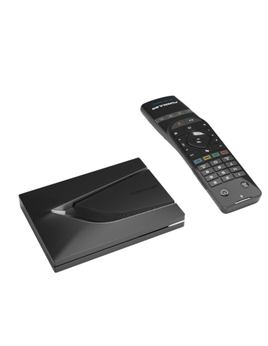 Formuler Z12 Ultra SE: IPTV | Frontal y lateral receptor, y mando a distancia Bluetooth GTV-BT3 con retroiluminación