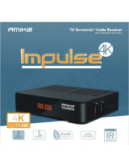 Receptor TDT 4K Amiko Impulse 4K - T2 Terrestre y Cable con Ethernet, TimeShift, Salida de audio digital,...