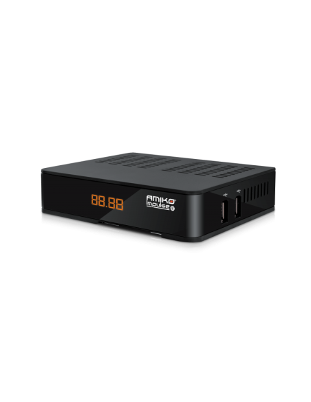 Receptor TDT 4K Ultra HD T2 Amiko Impulse - Frontal y lateral - 2x Conexión USB. Chasis metálico robusto