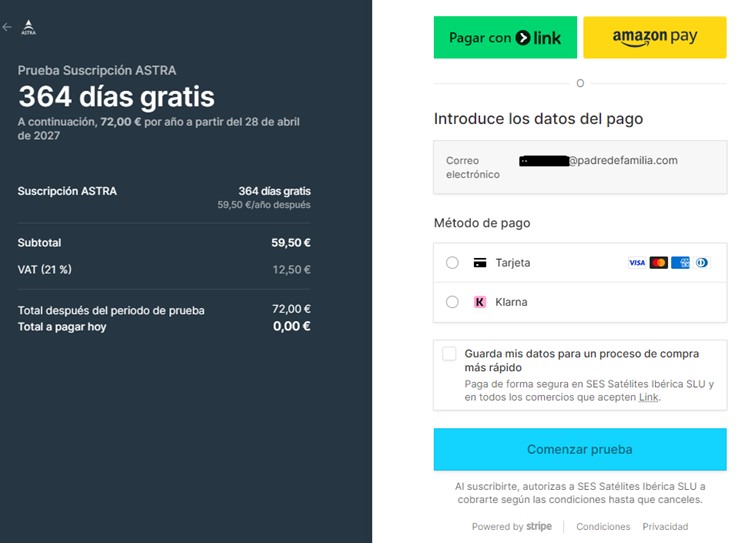 Método de pago para la suscripción de Astra TV