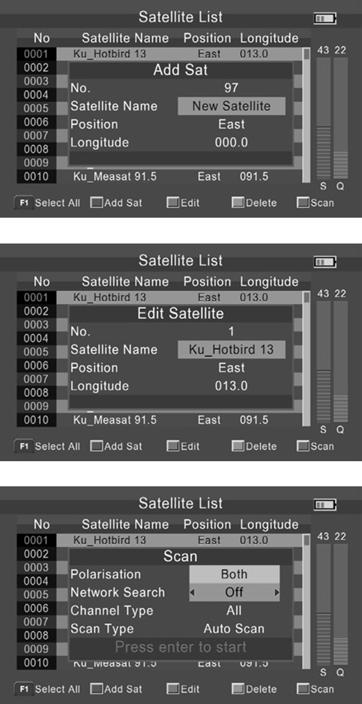Medidor Satlink 5150: Manual en español - Ajustes lista satélites 